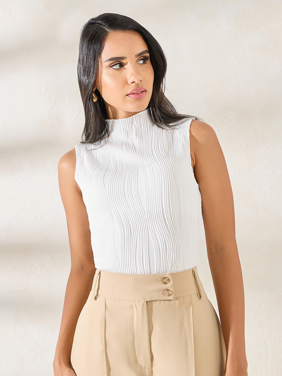 Textured Knit High Neck Fitted Tank Top For Women at Saudi Styli