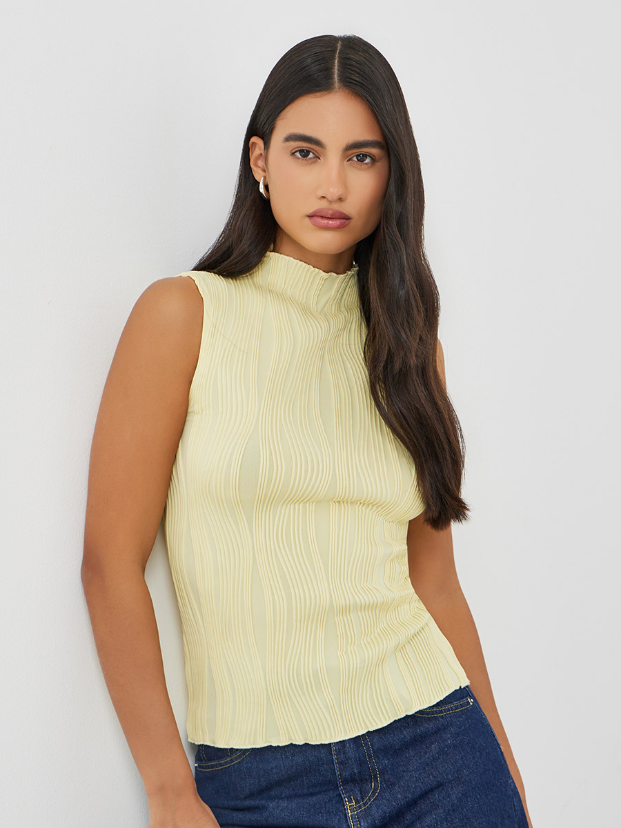 Textured Knit High Neck Fitted Tank Top For Women at Bahrain Styli