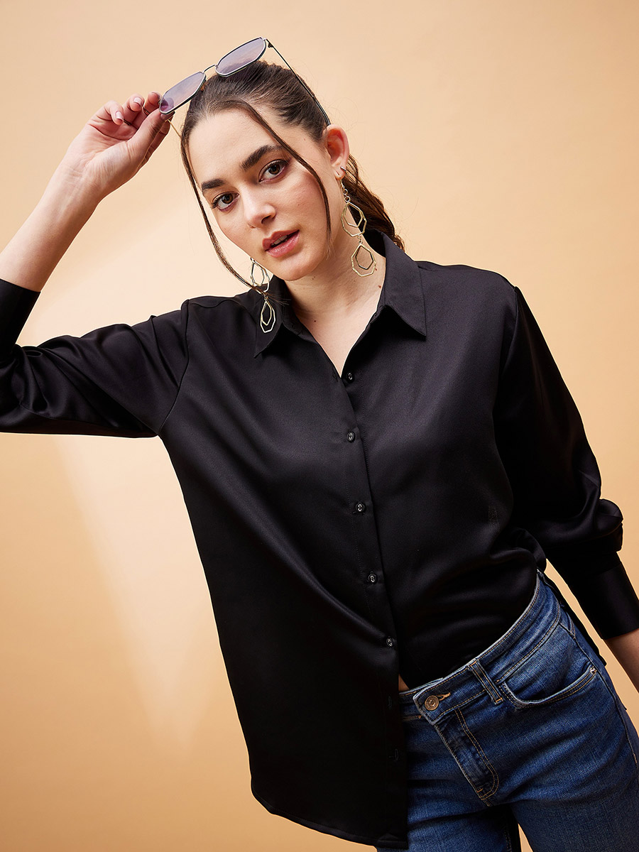 Solid Satin Shirt with Long Sleeves For Women at UAE Styli