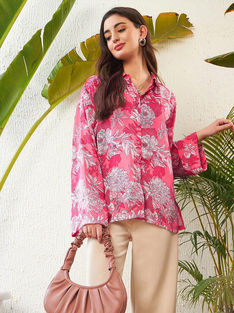 Oversized Floral Print Shirt with Drop Shoulder Sleeves For Women