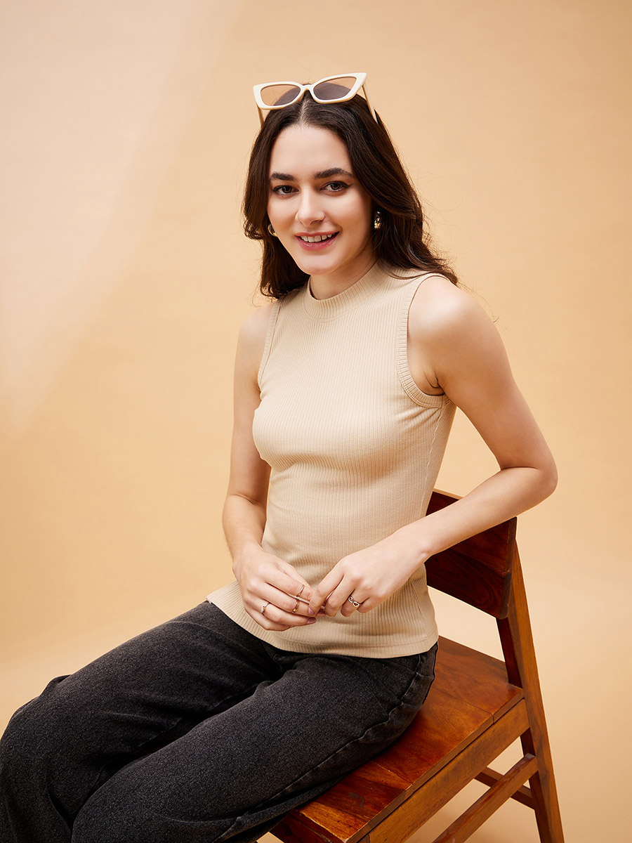 Ribbed Side Slit Sleeveless Top For Women at Qatar Styli