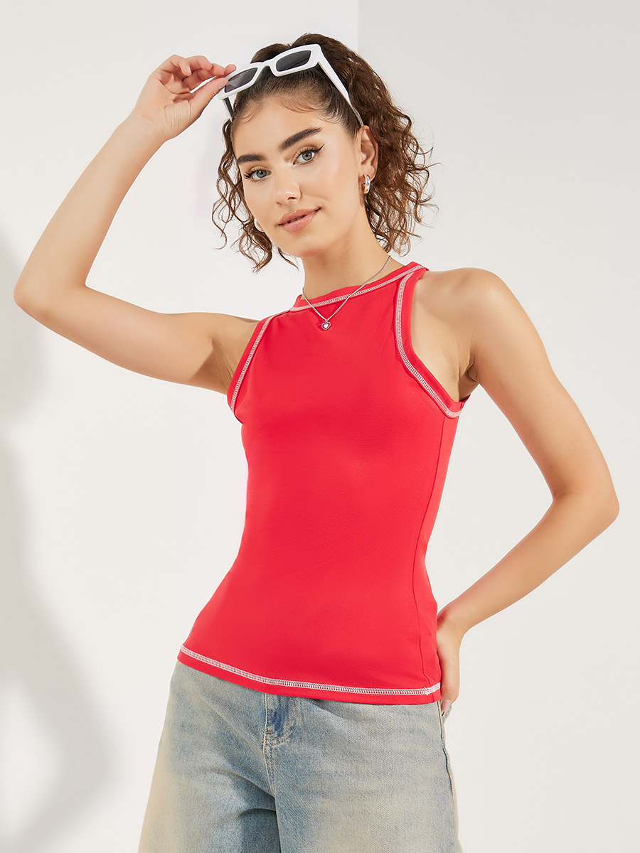 ★2025SS新作★RONRON★CONTRAST LINE SLEEVELESS Buy Contrast Stitch Detail Racer Neck Tank Red For Women