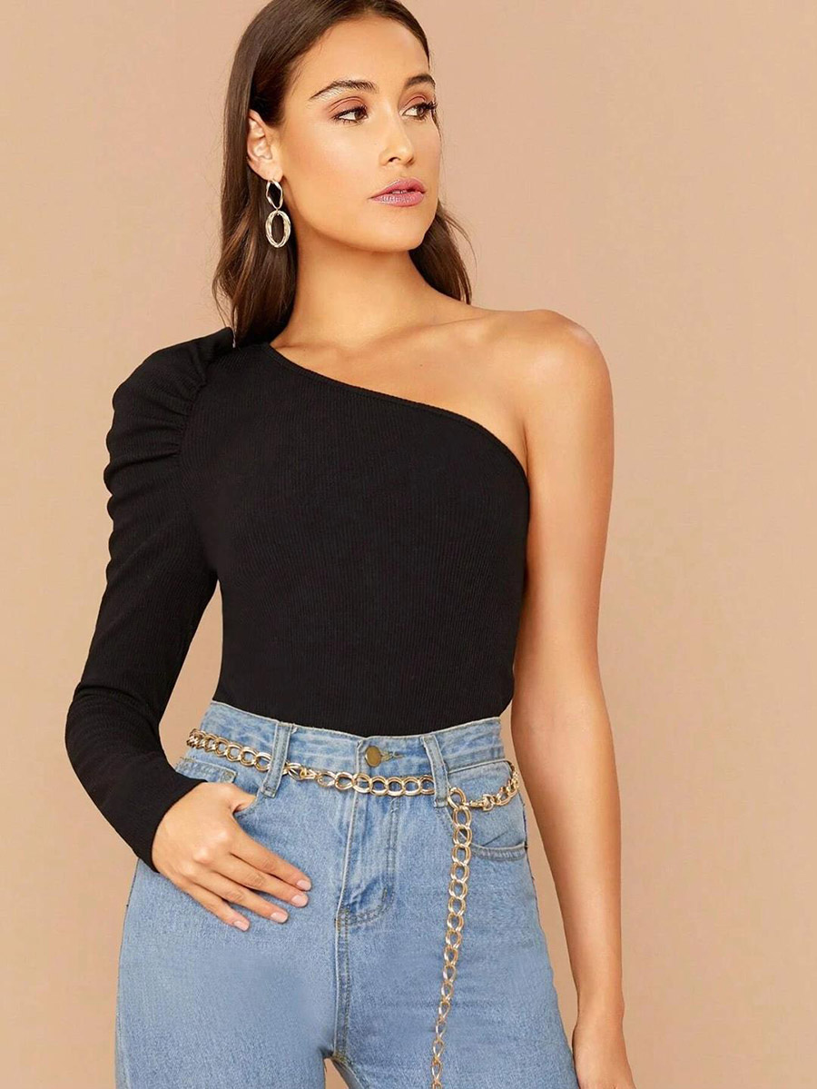one shoulder puff sleeve top