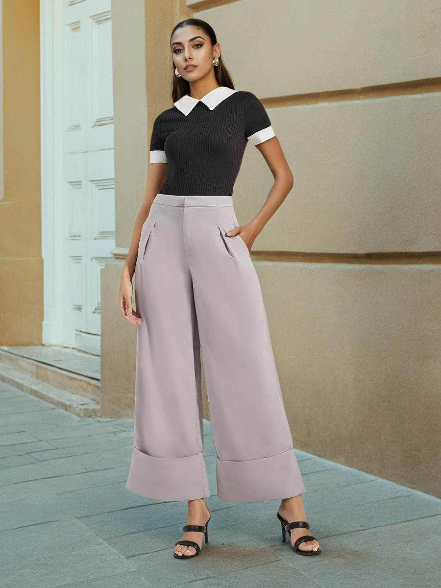 Buy Wide Leg Ankle Length Pants wit Folded Hem Grey For Women | Styli Saudi