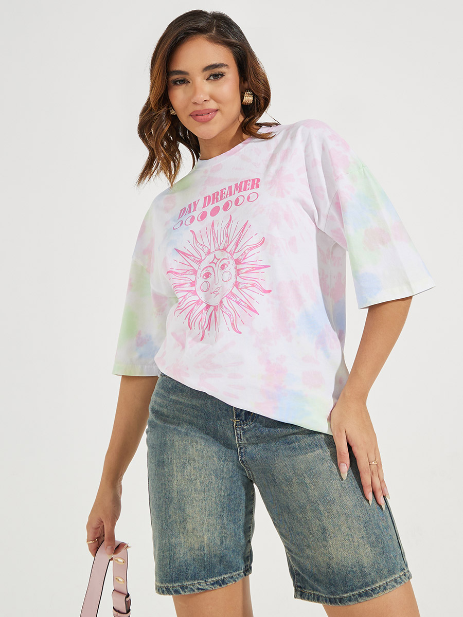 Oversized Tie Dye Graphic Print T-Shirt with Dropped Shoulder For