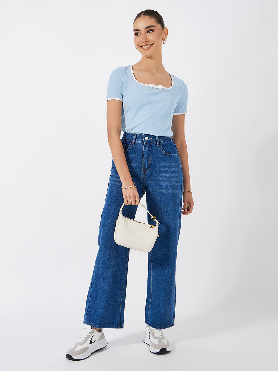 Buy Solid Ribbed Top with Piping Detail and Square Neck Blue