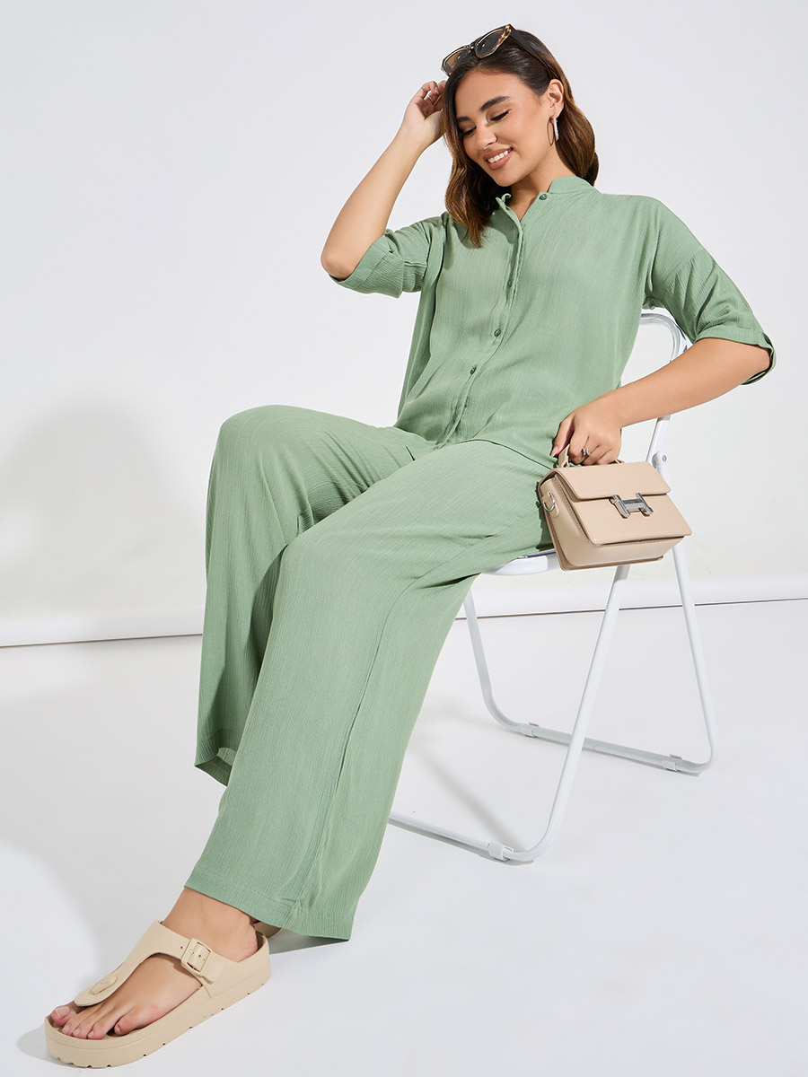 Buy Textured Boxy Shirt and Wide Leg Pants Co-Ords Green For