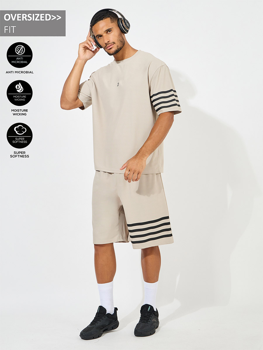 Oversized Stretch Pique Knit T-Shirt and Striped Shorts Set For
