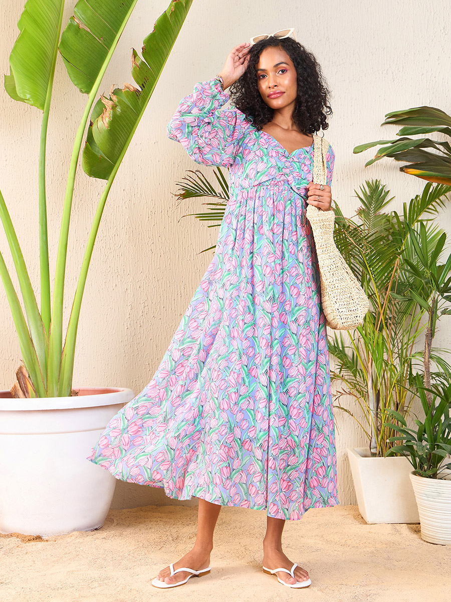 Tulip Print Sweetheart Neck Midi Dress For Women at Saudi Styli