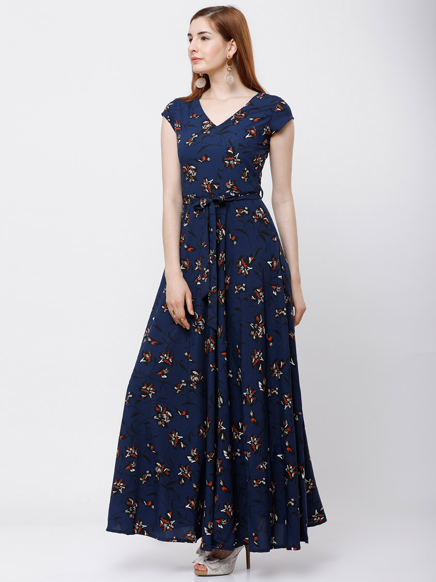 Buy Floral Print A-Line Maxi Dress with Cap Sleeves Navy