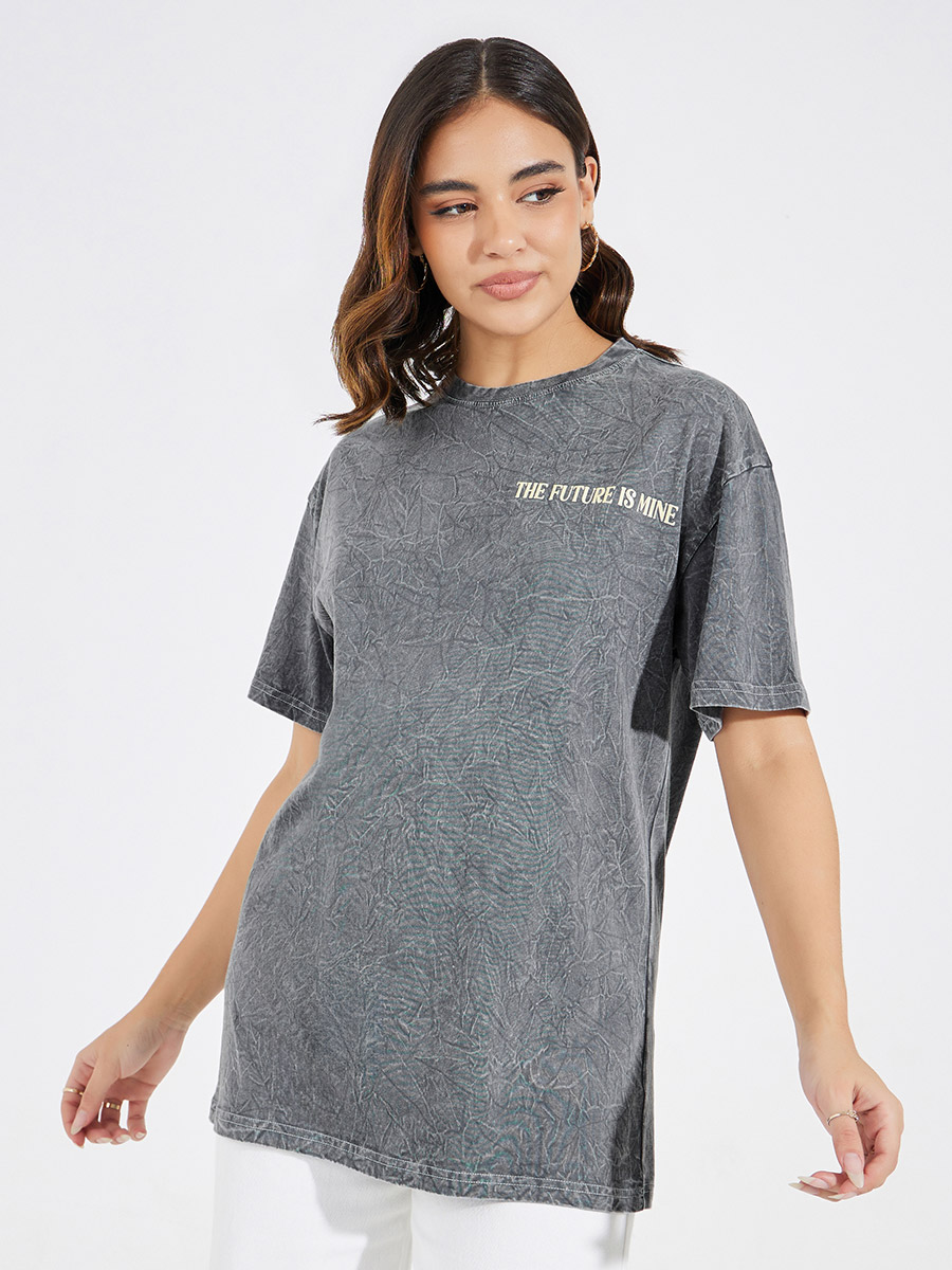 Buy Acid Wash Future Slogan T-Shirt with Dropped Shoulder