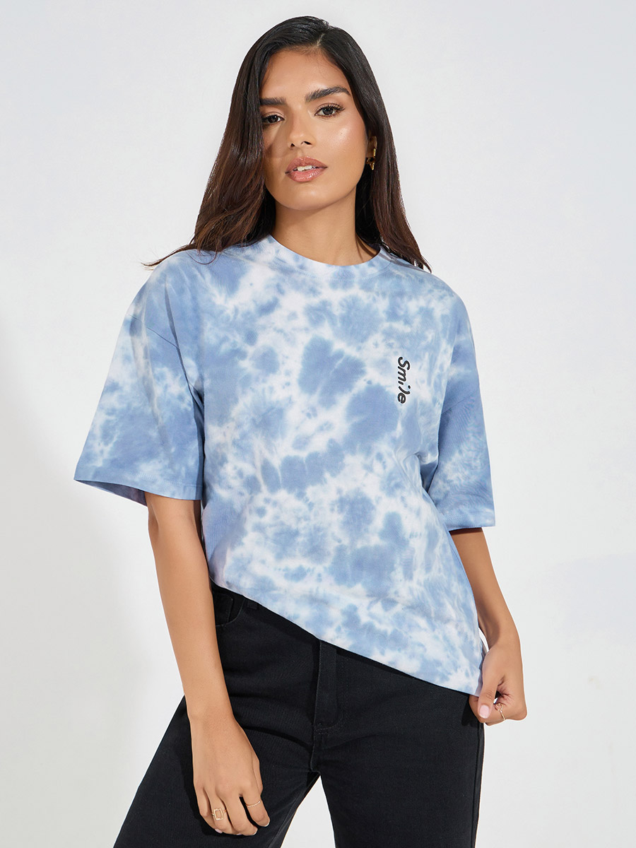 Oversized Tie-Dye Print T-Shirt with Dropped Shoulder For Women at