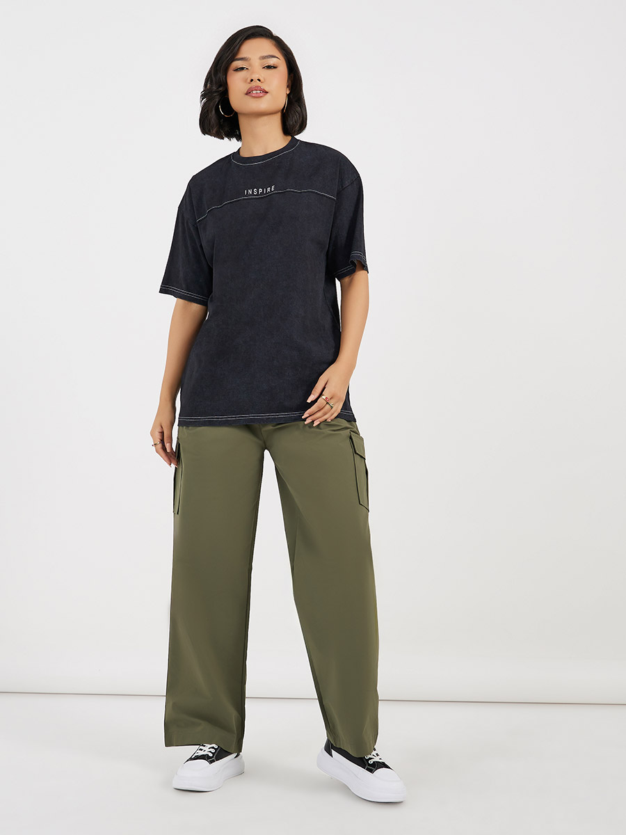 Buy Acid Washed Printed Oversized T-Shirt Black For Women