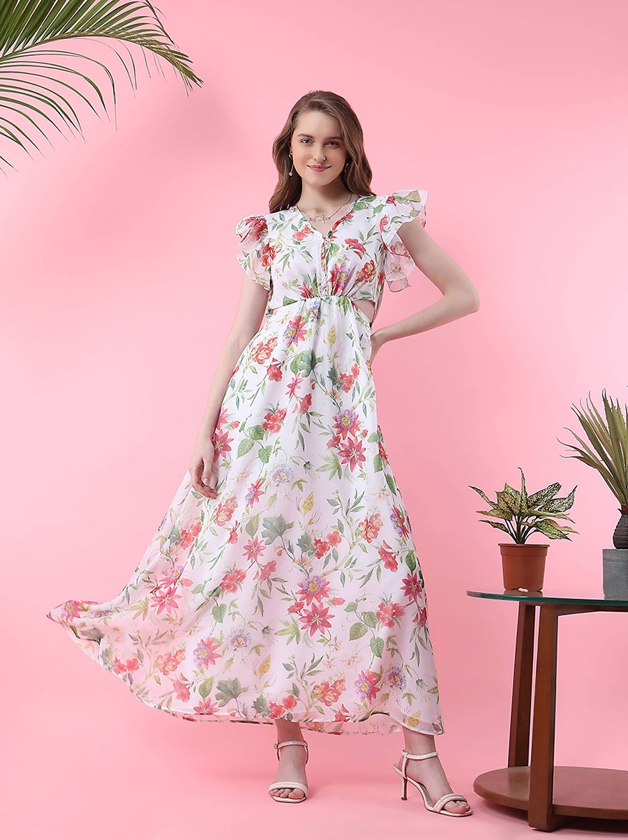 Side Waist Cut-Out Frill Sleeves Maxi Dress For Women at Saudi Styli