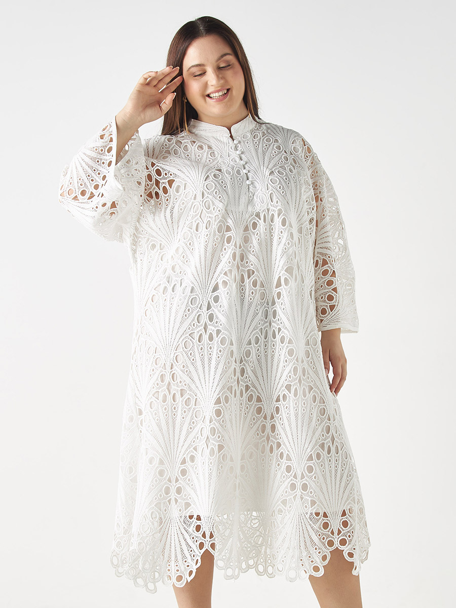 Buy Lace Detail Mandarin Collar Dress with 3/4 Sleeves White