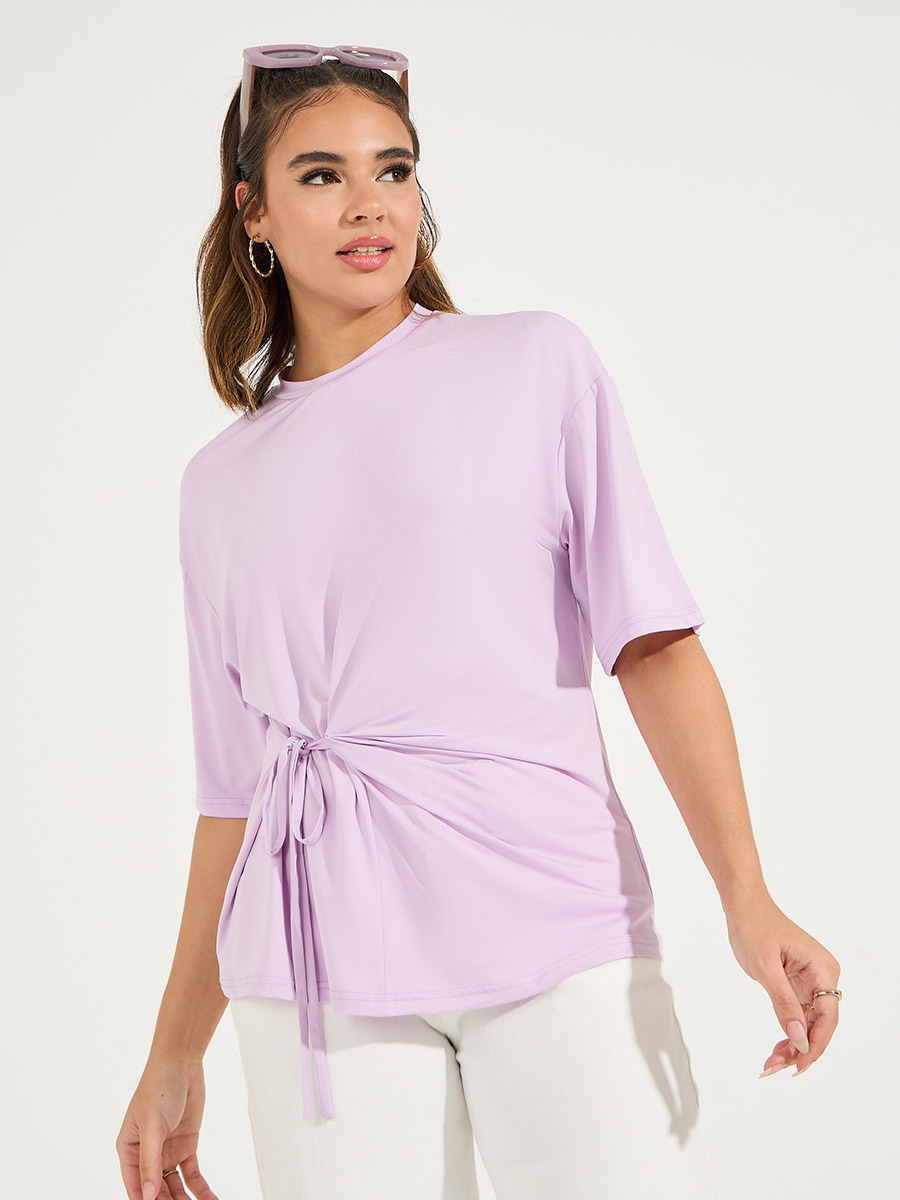 Buy Oversized Round Neck Side Tie-Up Detail T-Shirt Lilac