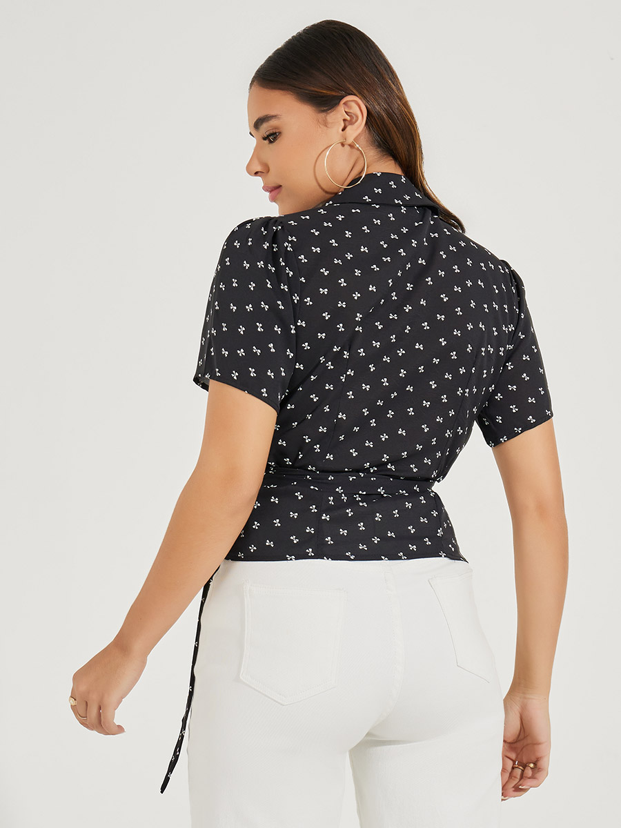 Ribbon Ditsy Print Notch Collar Wrap Top For Women at UAE | Styli