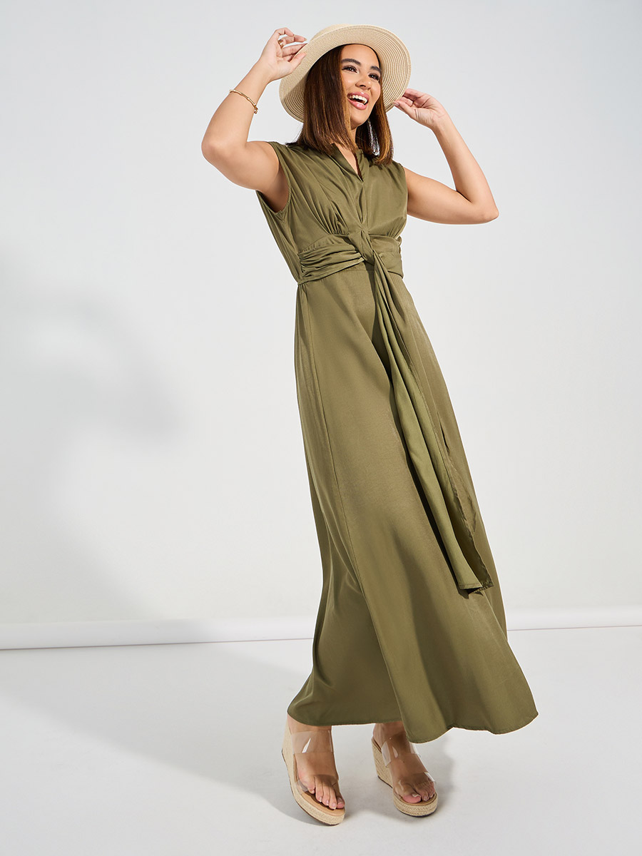 Tie Front Detail Sleeveless A-Line Maxi Dress For Women at UAE Styli