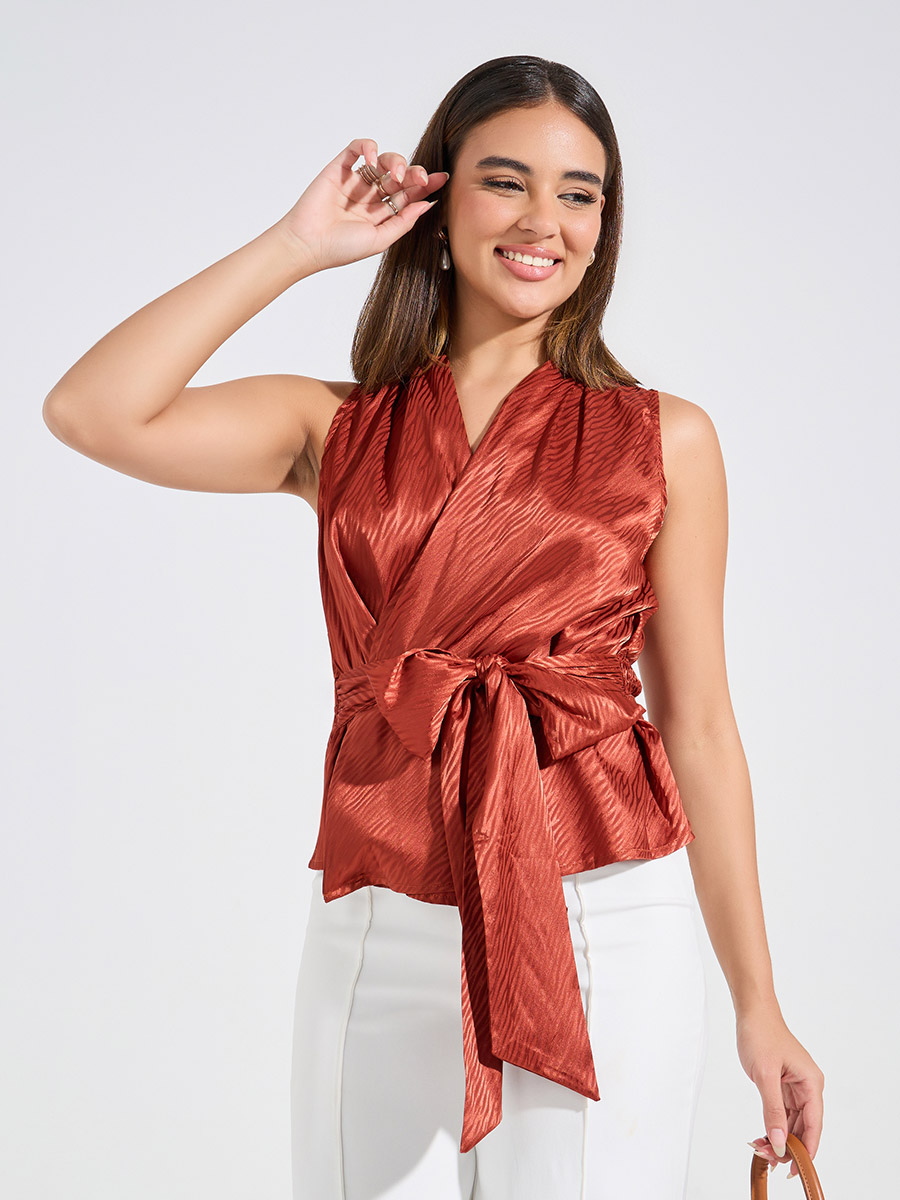 red satin wrap top