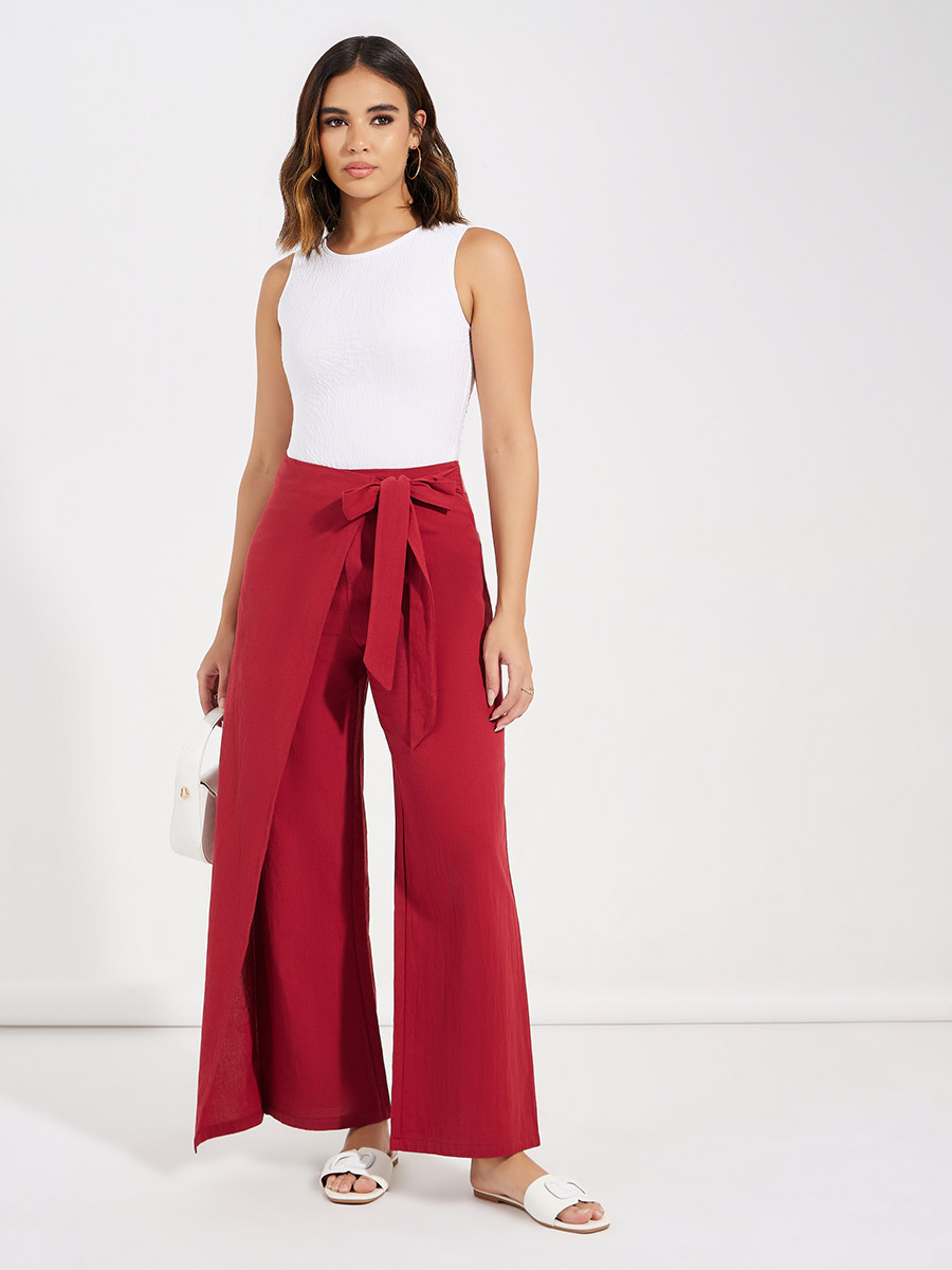 Buy Wrap Over Style Wide Leg Pants with Self Tie Up Burgundy For Women |  Styli Saudi