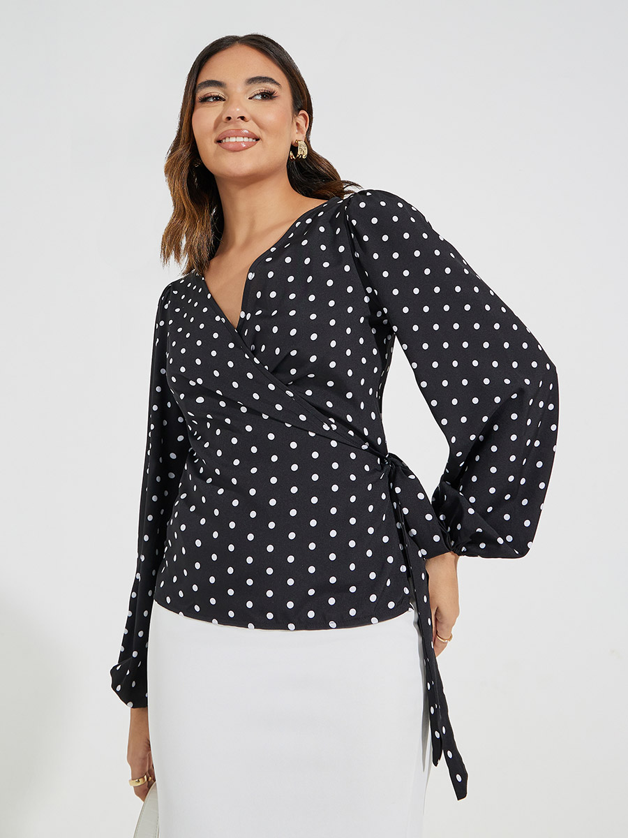 black and white polka dot wrap top