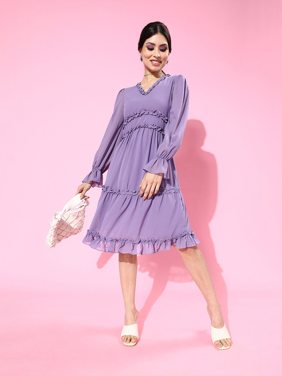 Buy Ruffled Georgette Dress with Frill Cuff Sleeves Purple
