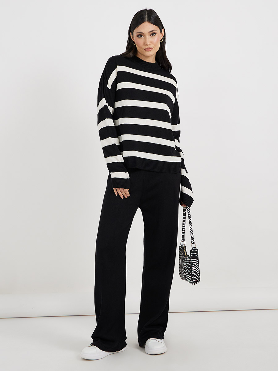 Buy Oversized Striped Sweater and Wide Leg Pants Co-Ords Black For