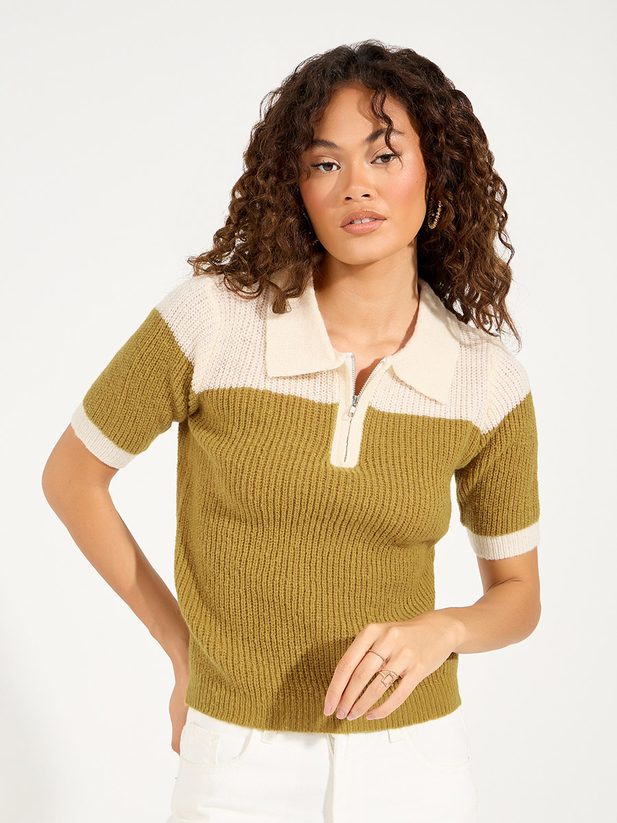 Buy Color Block Half Zip Knit Polo T-Shirt Multi For Women