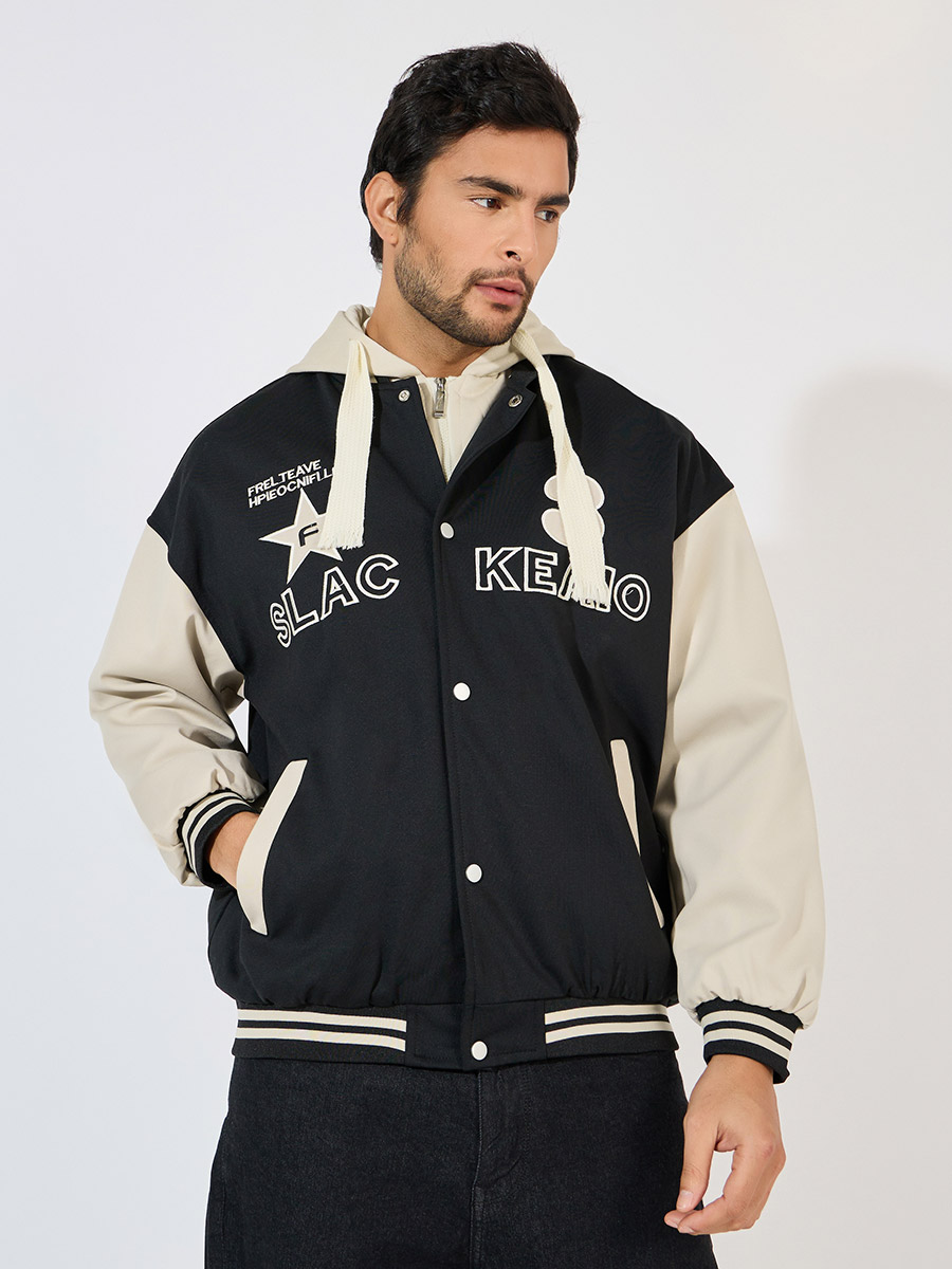 Hooded Varsity Embroidered Badge Detail Bomber Jacket For Men at