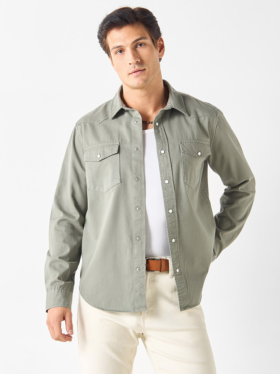 Solid Denim Shirt with Snap Button Closure and Pockets For Default
