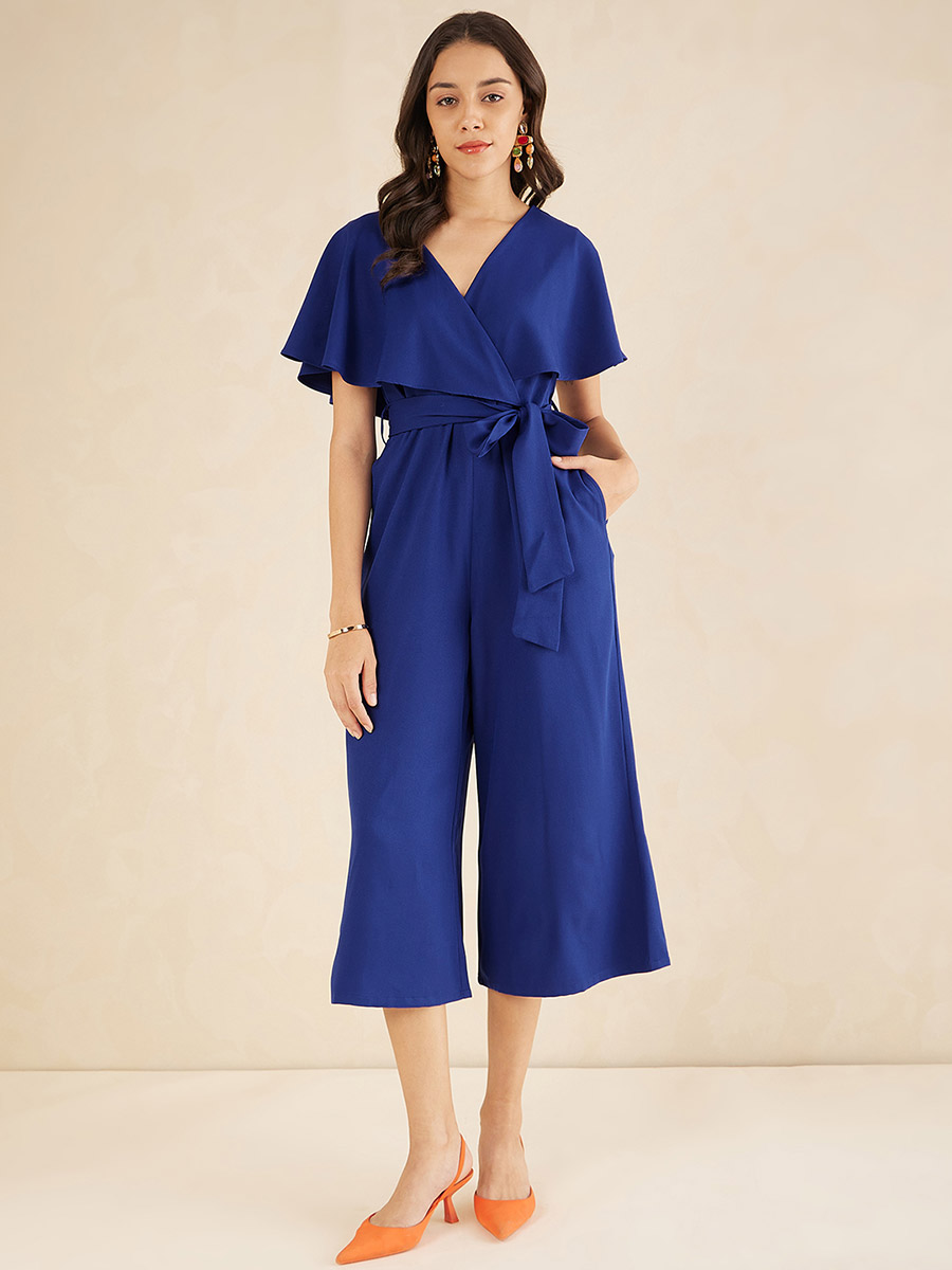 Solid Kimono Wrap Jumpsuit with Ruffled Sleeves For Women at