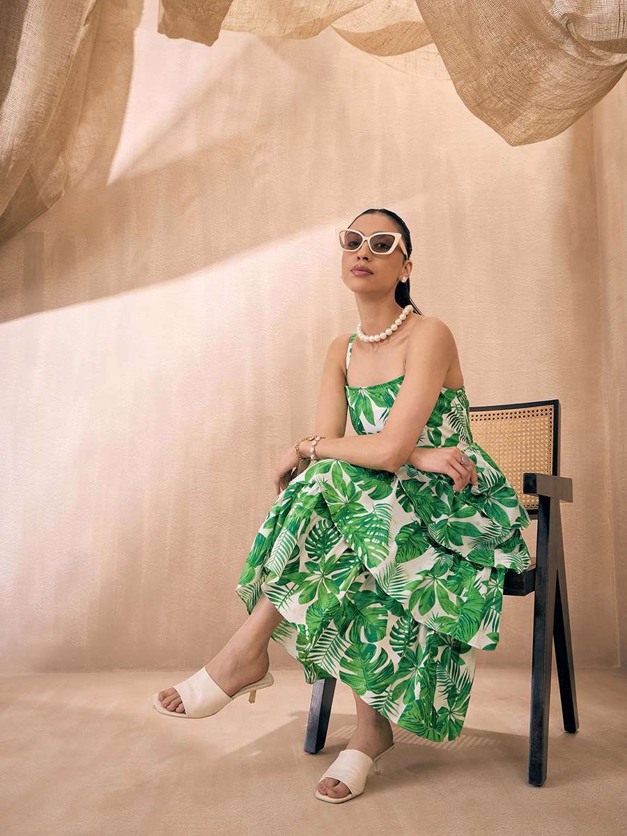Buy Strappy Leaf Print Layered Frill Midi Dress Green For