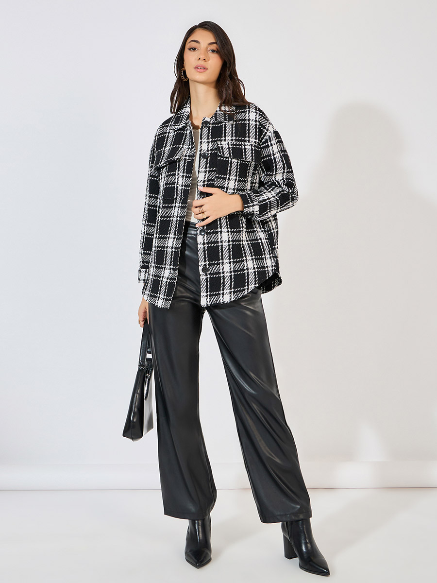 Longline Shacket Ladies Black And White Shacket Long Check Shacket