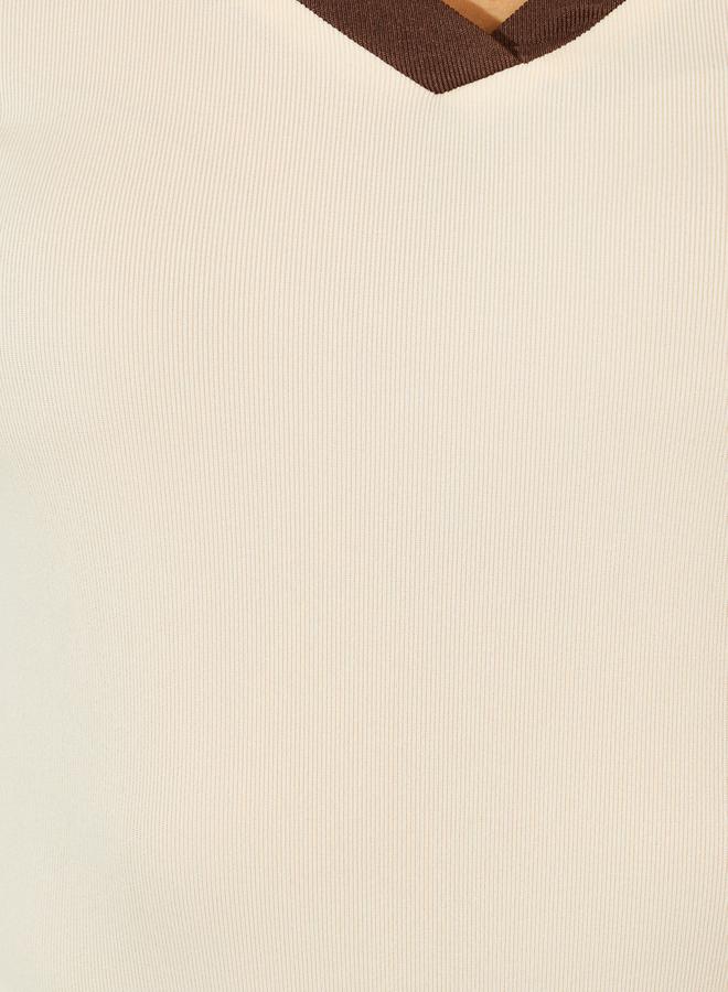 Buy Rib Knit Bodysuit with Contrast Collar Beige For Women
