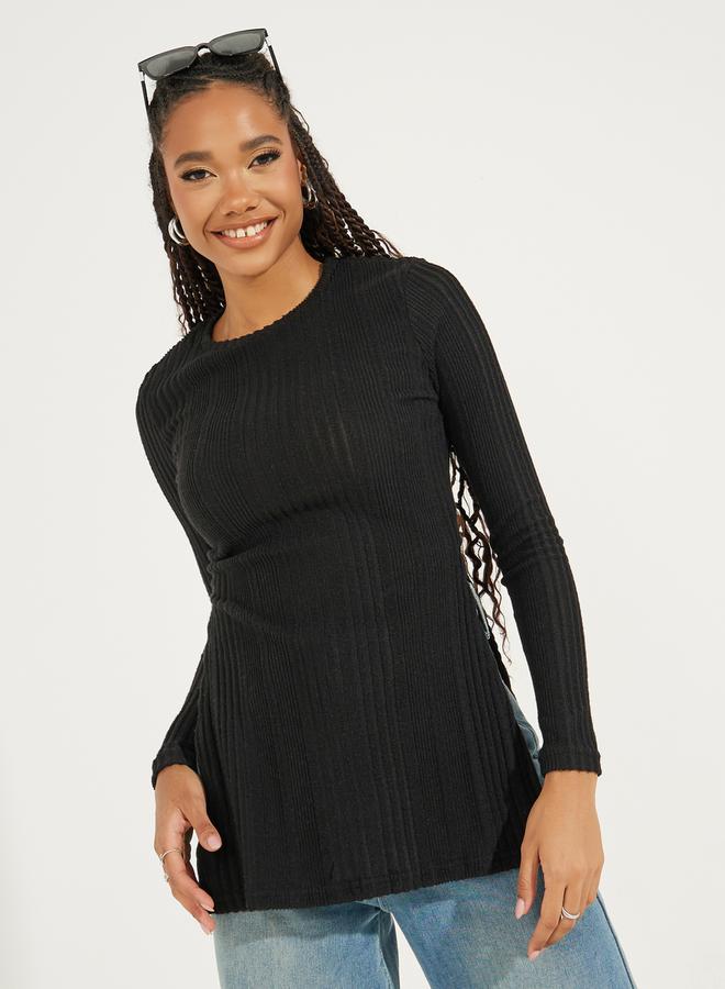 Buy Rib Knit Top with Side Slit Black For Women | Styli UAE