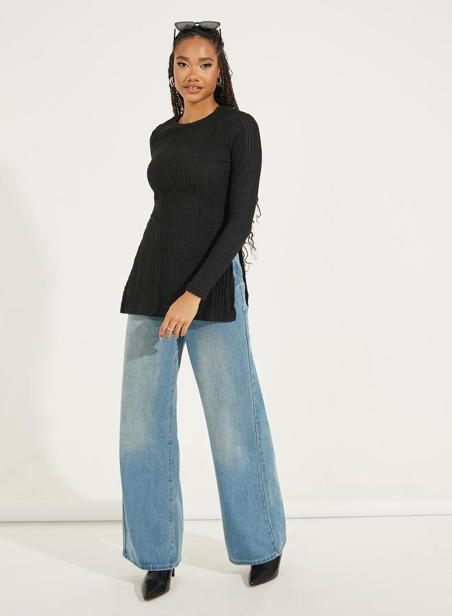 Buy Rib Knit Top with Side Slit Black For Women | Styli UAE