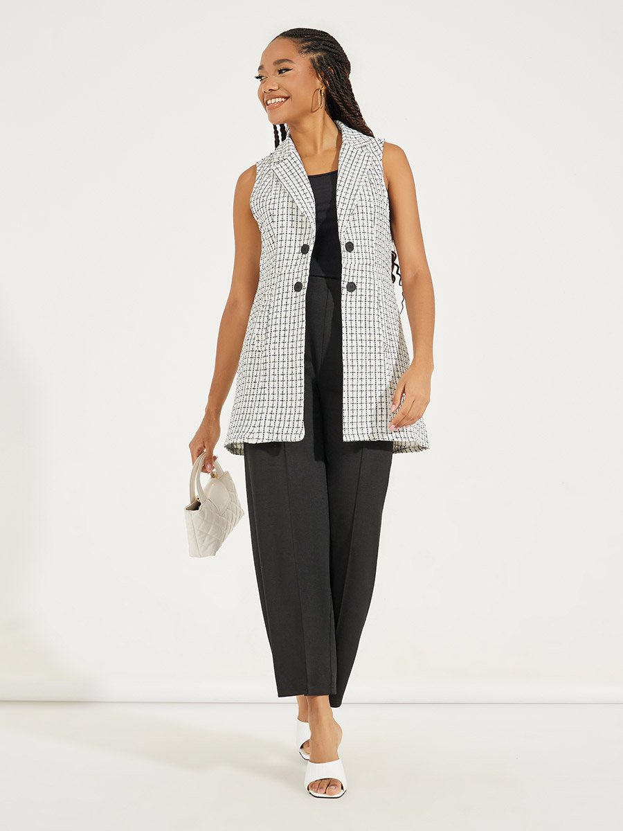 Tweed Check Lapel Vest Jacket For Women at Bahrain Styli