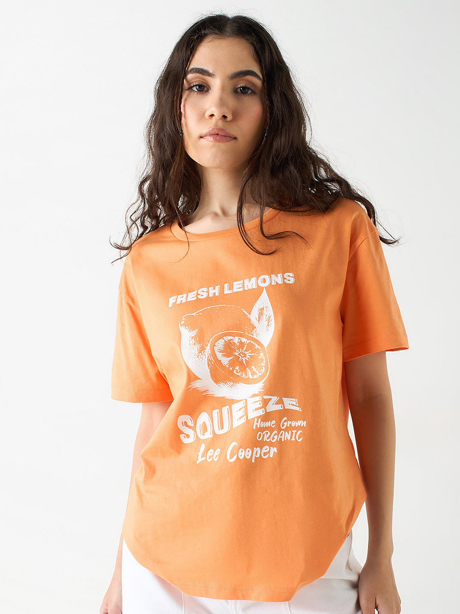 Buy Logo Print Round Neck T-Shirt with Short Sleeves Orange