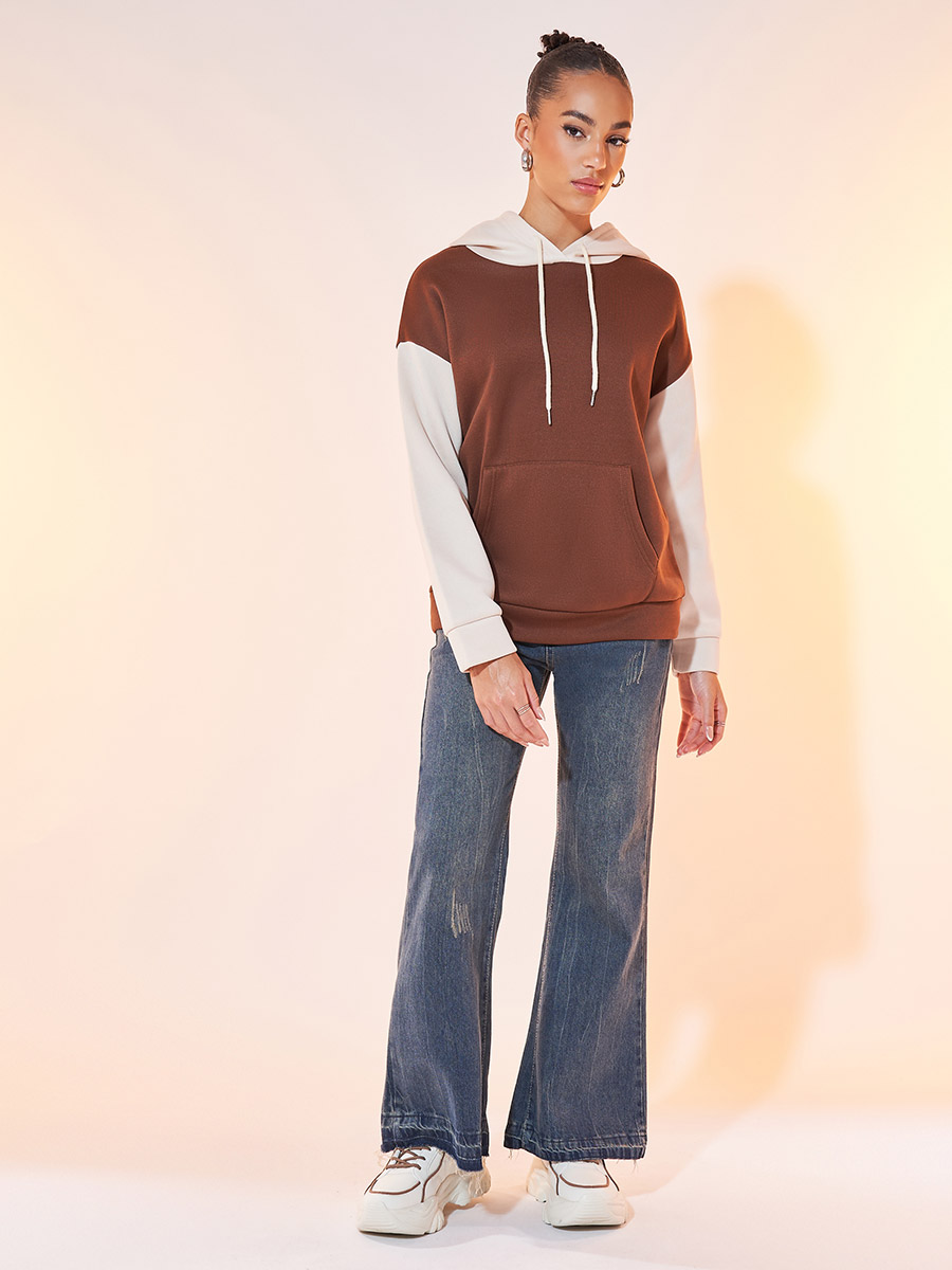 Buy Color Block Hoodie with Kangaroo Pocket Brown For Women Styli Saudi