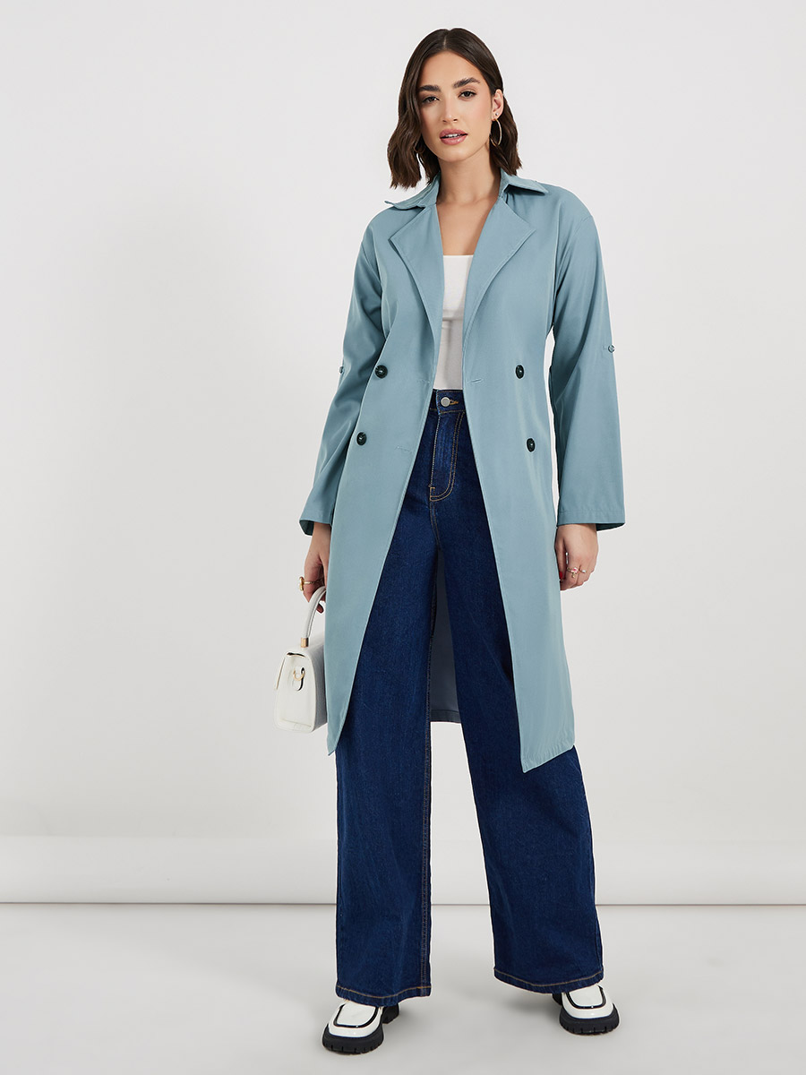 Buy Regular Fit Knee Length Trench Coat Grey For Women