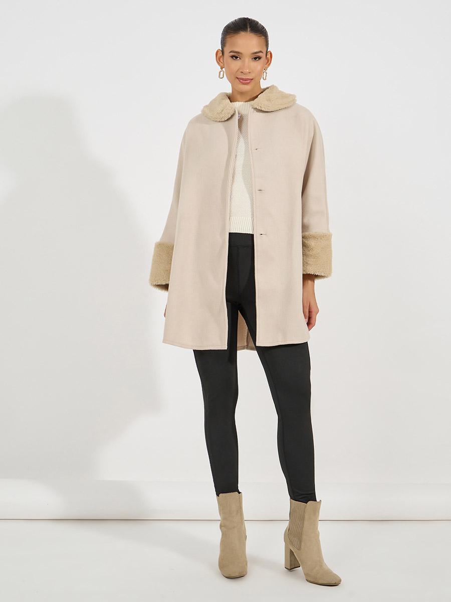 Oversized Faux Fur Trim Wool Like Cape Coat For Women at Kuwait