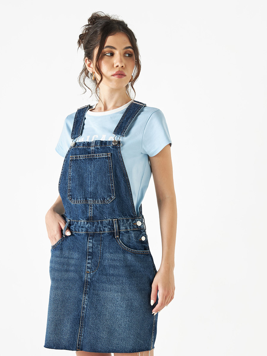 Denim Dungaree Dress with Pockets and Button Closure For Women at