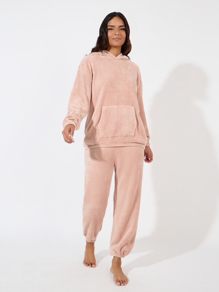 Drop Shoulder Kangaroo Pocket Fleece Hoodie and Joggers Lounge Set