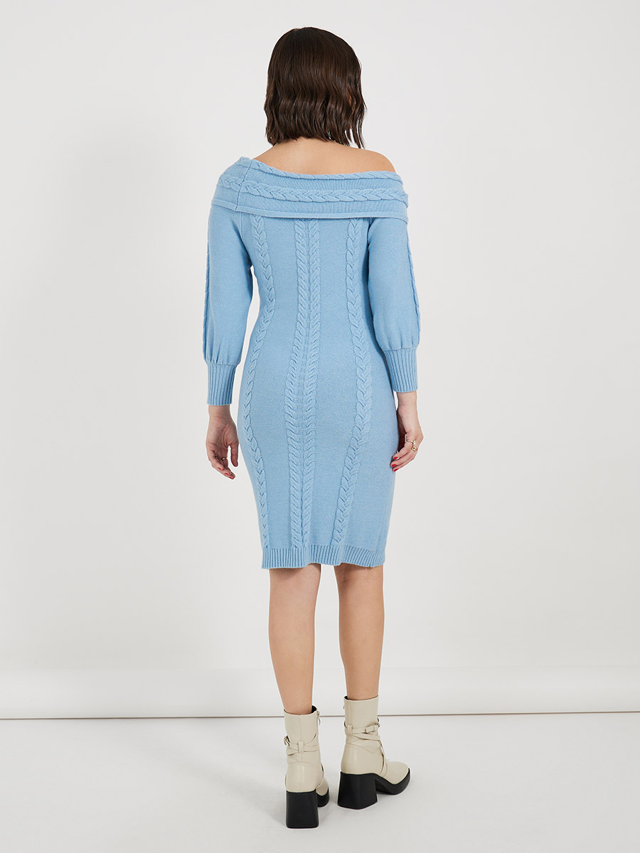 Buy Off Shoulder Cable Knit Sweater Knee Length Dress Light