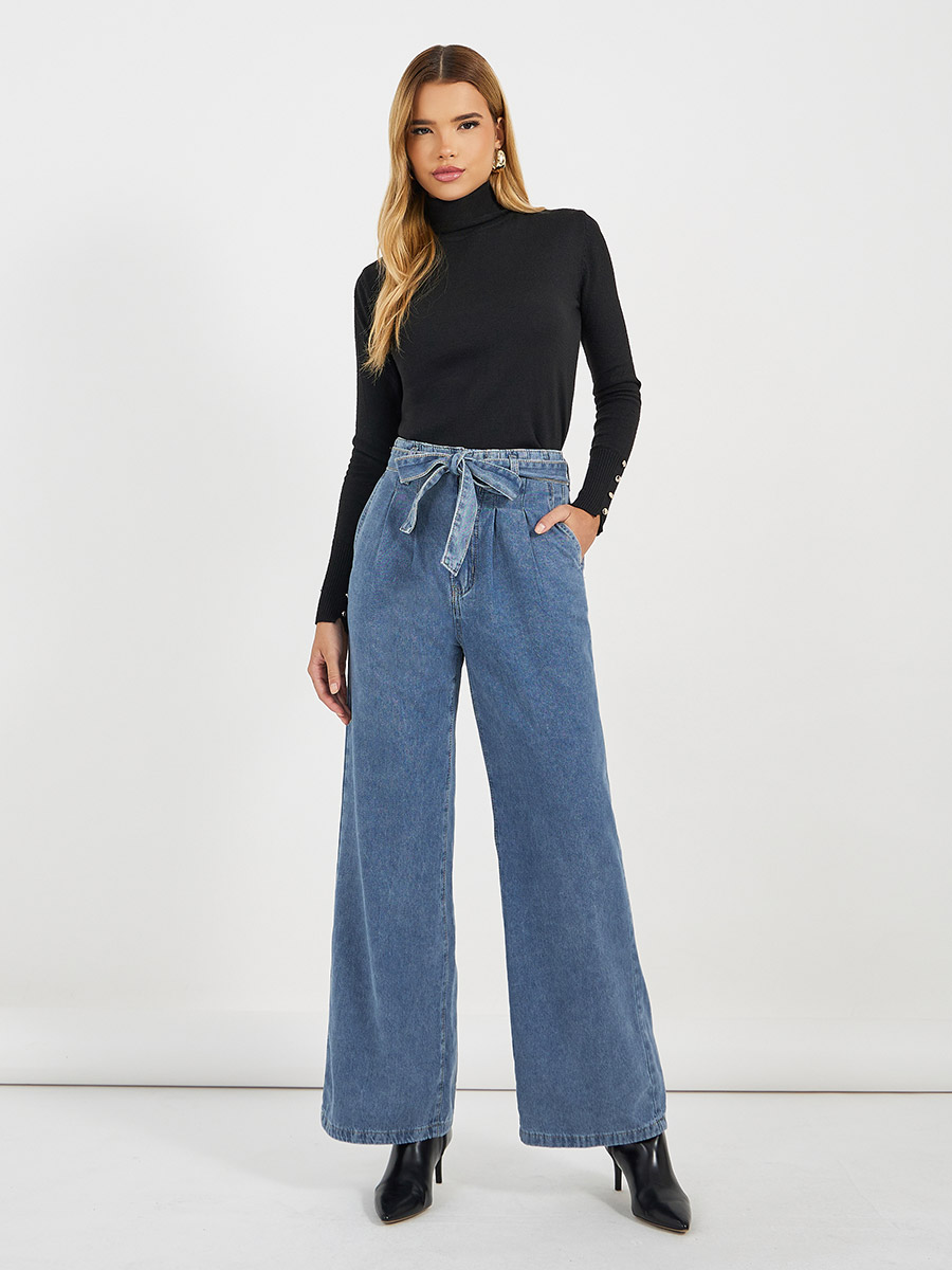 Buy High Rise Wide Leg Jeans with Tie Belt Medium Blue For Women | Styli  Saudi