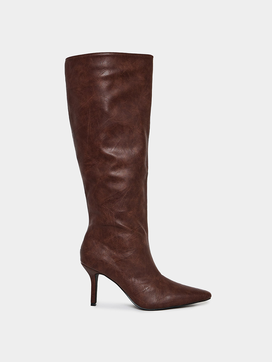Buy Pointed Toe Stiletto Heel Knee Length Boots Brown For Women Styli UAE
