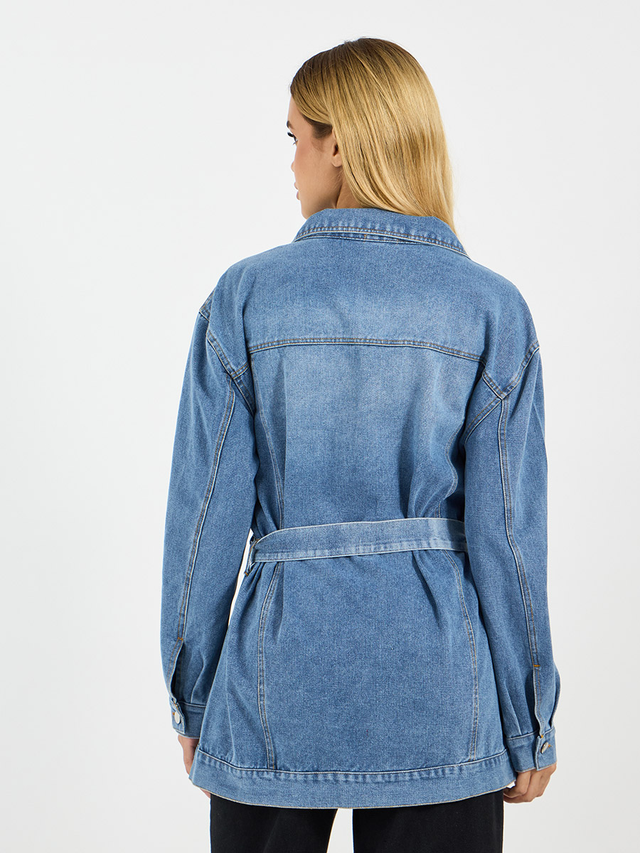 Buy Regular Fit Longline Belted Denim Jacket Blue For Women