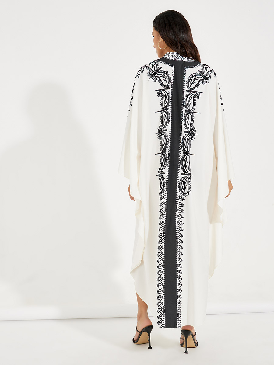 Buy Paisley Print Kaftan with Notch Neck White For Women