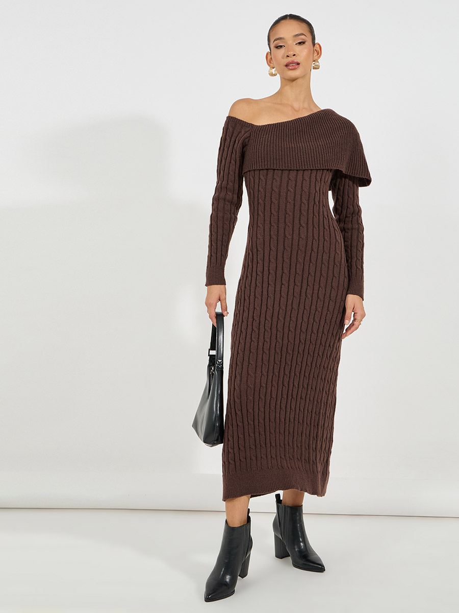 Rib Knit Asymmetric Neck Sweater Midi Dress For Women at Bahrain
