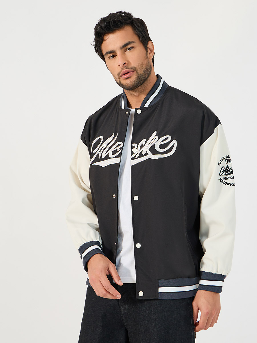 Buy Contrast Sleeve and Rib Detail Bomber Jacket with Button